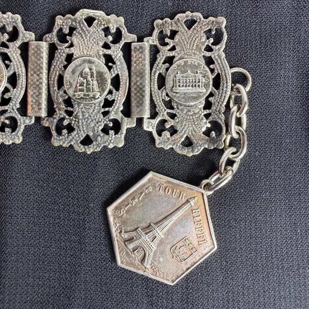 Vintage Paris France Souvenir Panel Bracelet Eiffel Tower Notre Dame Silver Tone
